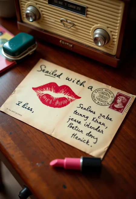1950, “Sealed with a Kiss” on a postcard above a wooden writing desk, lipstick hickey, vintage radio, aidmaTextImprover,