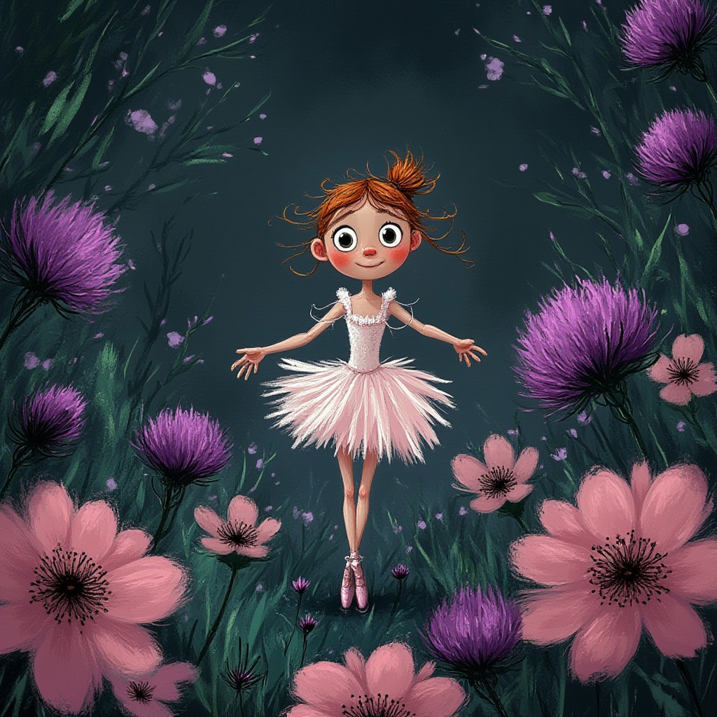 A whimsical illustration of a tiny ballerina in dark whimsical art style, wearing tutu and ragged pointe shoes, standing among pink peonies and purple thistles, digital painting with expressive brushstrokes, twilight meadow background, characteristic Tim Burton inspired design with dreamy eyes