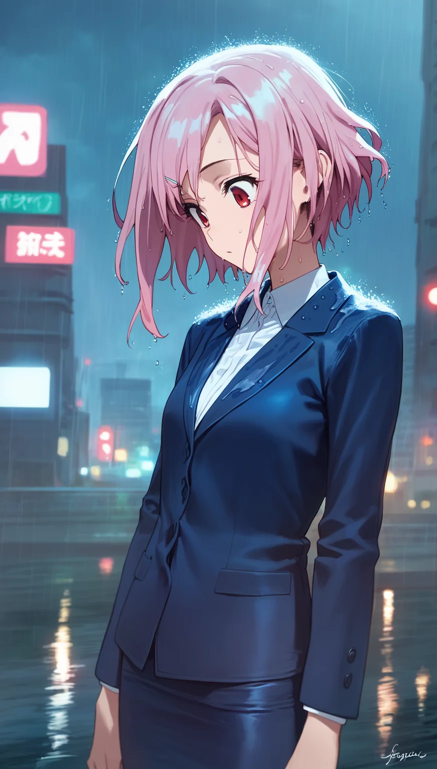 score_9,score_8_up,score_7_up,
<lora:yoshinokoharu:0.8>,
yoshinokoharu,
1girl,solo,
pink hair,short hair,bangs,
red eyes,looking down,furrowed brow,
blue blazer,white shirt,blue pencil skirt,wet hair,wet dress,
upper body,
outdoors,cityscape,night,light particles,downtown,rain,