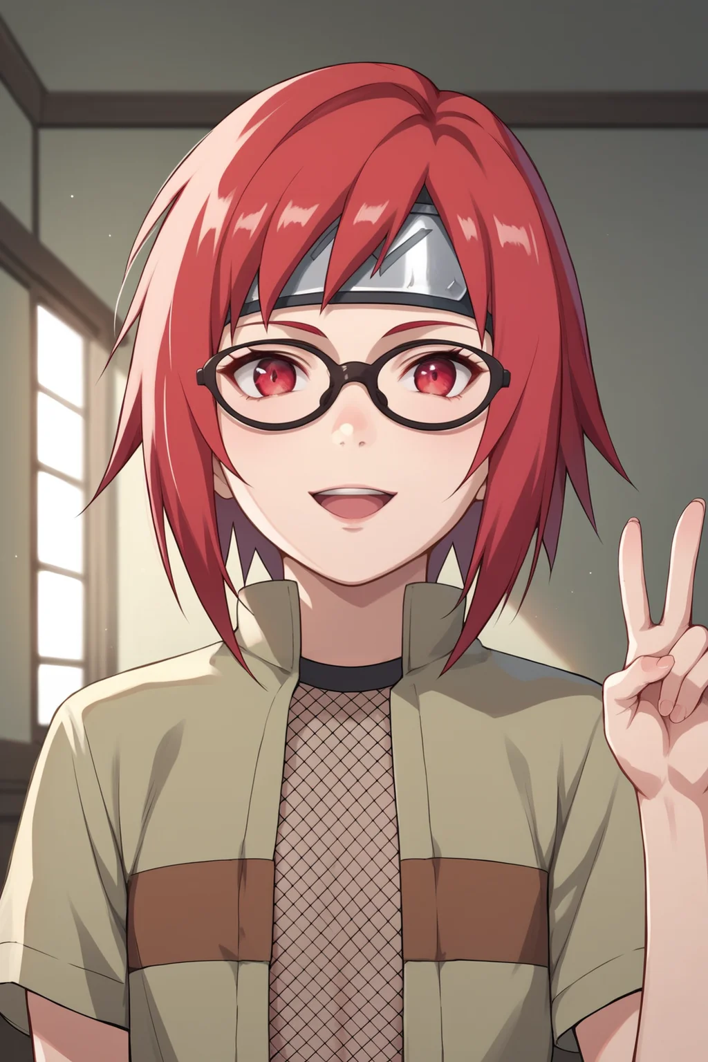 score_9, score_8_up, score_7_up, score_6_up, score_5_up, score_4_up, KarinUzumakiGEXL, black glasses, red eyes, red hair, short hair, bangs, sidelocks, forehead protector, flat chest, open shirt, shirt, short sleeves, fishnet top, solo, front view, (portrait, upper body), solo focus, peace sign, open mouth, seductive smile, looking at viewer, indoors <lora:KarinUzumakiGEXL:0.8>