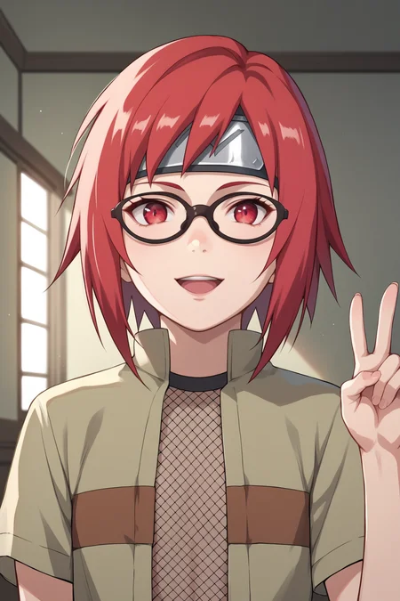 score_9, score_8_up, score_7_up, score_6_up, score_5_up, score_4_up, KarinUzumakiGEXL, black glasses, red eyes, red hair, short hair, bangs, sidelocks, forehead protector, flat chest, open shirt, shirt, short sleeves, fishnet top, solo, front view, (portrait, upper body), solo focus, peace sign, open mouth, seductive smile, looking at viewer, indoors <lora:KarinUzumakiGEXL:0.8>