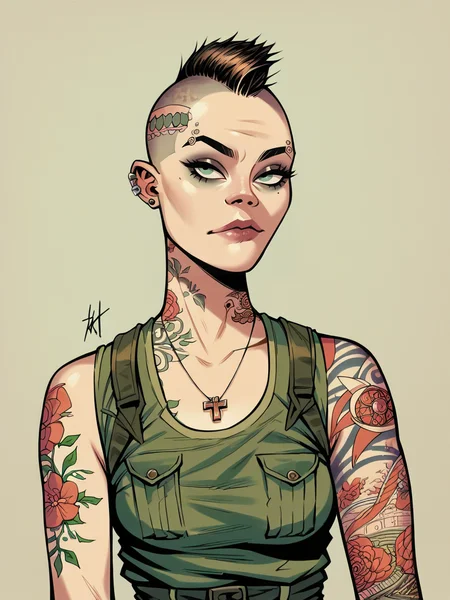 score_9, score_8_up, score_7_up, score_6_up, score_5_up, <lora:H3wl3ttXLP:1> h3wl3tt, girl, shaved head, tattoos, military,