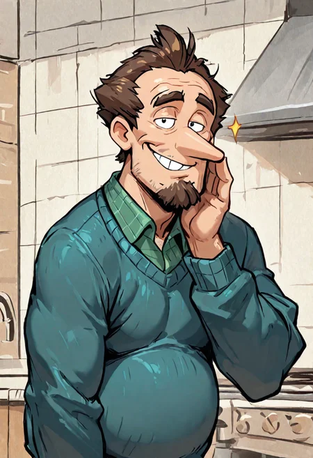 masterpiece, best quality, amazing quality, very aesthetic, absurdres, newest, high quality, detailed, LynnLoudSr, 1boy, source_cartoon, male, solo male, human, broad shoulders, mature male, long nose, black eyes, cartoon style, brown hair, receding hair, belly, bottom heavy, turquoise sweater, green collared shirt, half body, looking at viewer, smiling, kitchen background