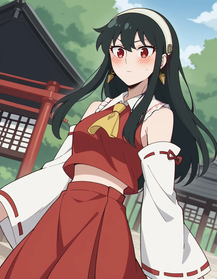 score_9, score_8_up, score_7_up, source_anime, yorbriar, <lora:yor-briar-s1-ponyxl-lora-nochekaiser:1>, yor briar, black hair, red eyes, earrings, white hairband, hairband, long hair, sidelocks,, <lora:hakurei-reimu-cosplay-ponyxl-lora-nochekaiser_r1:1>, hakureireimucosplay, hakurei reimu \(cosplay\), ascot, bare shoulders, detached sleeves, frilled bow, frilled shirt collar, frilled skirt, frills, midriff peek, red skirt, red shirt, sleeveless, sleeveless shirt, white sleeves, yellow ascot,, shrine, outdoors, blush,, cowboy shot, dutch angle, solo,