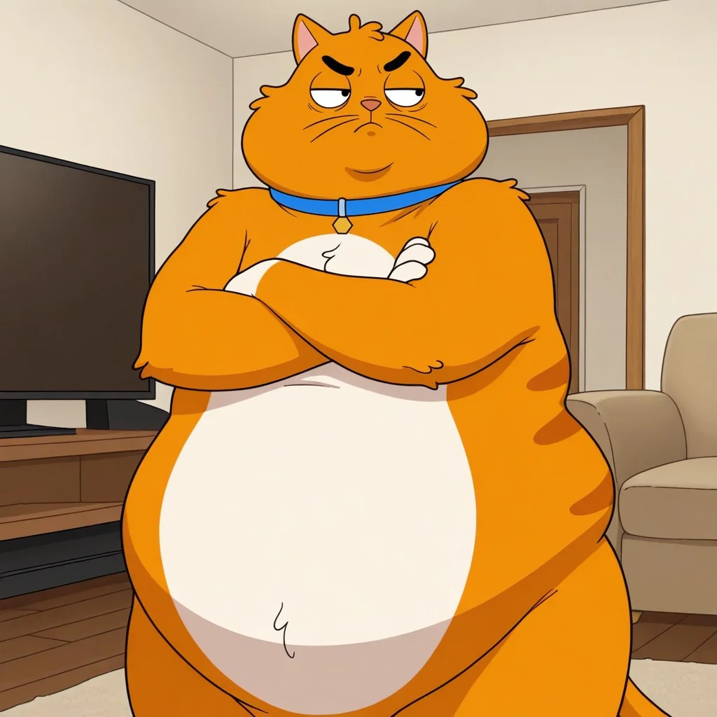 masterpiece, best quality, amazing quality, chico, feral, furry male, solo, orange fur, white fur, two-tone fur, striped fur, black eyes, black eyebrows, whiskers, pink nose, paw pads, fat, blue collar, standing, annoyed, looking aside, crossed arms, indoors, living room
