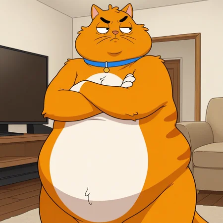 masterpiece, best quality, amazing quality, chico, feral, furry male, solo, orange fur, white fur, two-tone fur, striped fur, black eyes, black eyebrows, whiskers, pink nose, paw pads, fat, blue collar, standing, annoyed, looking aside, crossed arms, indoors, living room