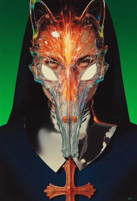 A highly stylized, high-resolution photograph featuring a person dressed as a nun with a futuristic gothic twist. Their face is concealed by an intricate wolf-like skull mask made entirely of liquid crystal, glowing with molten gold, fiery orange, and electric cyan, shifting fluidly like a living organism. The translucent mask refracts light, creating an ethereal effect, while the hollow eye sockets and elongated snarling jaw seem to pulse with movement. The subject’s piercing amber eyes shine through the glowing crystal, intensifying the surreal contrast. Their hair is concealed beneath a sleek deep navy habit flowing seamlessly from the head covering to the neckline. The nun’s attire is metallic silver with a high collar and an ornate crimson cross emblem at the chest, blending religious iconography with an avant-garde aesthetic. The background is a rich emerald green, amplifying the glowing hues of the mask and heightening the dramatic atmosphere. Every detail, from the fluid luminescence of the skull mask to the structured sheen of the habit, is rendered with hyper-realistic texture. The fusion of classic religious attire with cyber-gothic, surreal, and horror-inspired elements results in a visually striking, thought-provoking composition, transforming the subject into a mesmerizing piece of living visual art. ArsMJStyle, Colored pencil hyperdetailed realism.