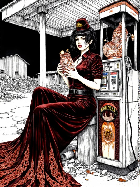 <lora:Vintage_Nudity_60s:0.5> fl0rate Op Art line drawing, Irish, fire theme, white-toned line drawing of an abyssal adult punk clothed uniformed pouting Royal princess sitting in a dark decrepit dilapidated petrol station, intricate black and crimson and copper details, magical, simplified. Subtle colour ink wash. <lora:Florate Flux_v2_epoch_10:1>