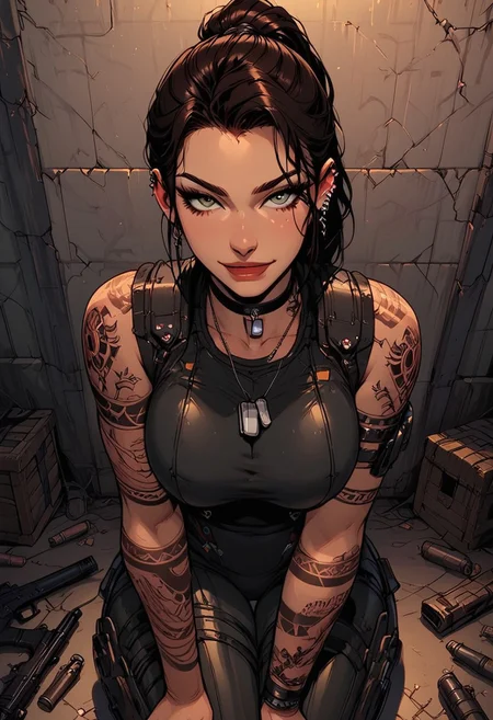 Score_9, Score8_up, Score_7_up, (((High Resolution, Best Quality))), 
1girl, solo, toned arms, sleeveless, Covered in Tattoos, neck tattoos, hair tied up, 
futuristic, futuristic armor, lights on bodysuit, armored suit, body armor, armor, plated armor, revealing bodysuit, tight bodysuit, tactical, military gear, large breasts, choker, dog tags, ear piece, 
seducing, seductive, flirty, tender, loving, playful, looking at viewer, smug, seductively posing, 
Sitting on ground, leaning against wall, relaxed, leaning back, arm resting on knees, arm on knee,
inside, Military, military base, military barracks, cots, crates, military boxes, guns, bullets, supplies, armory,