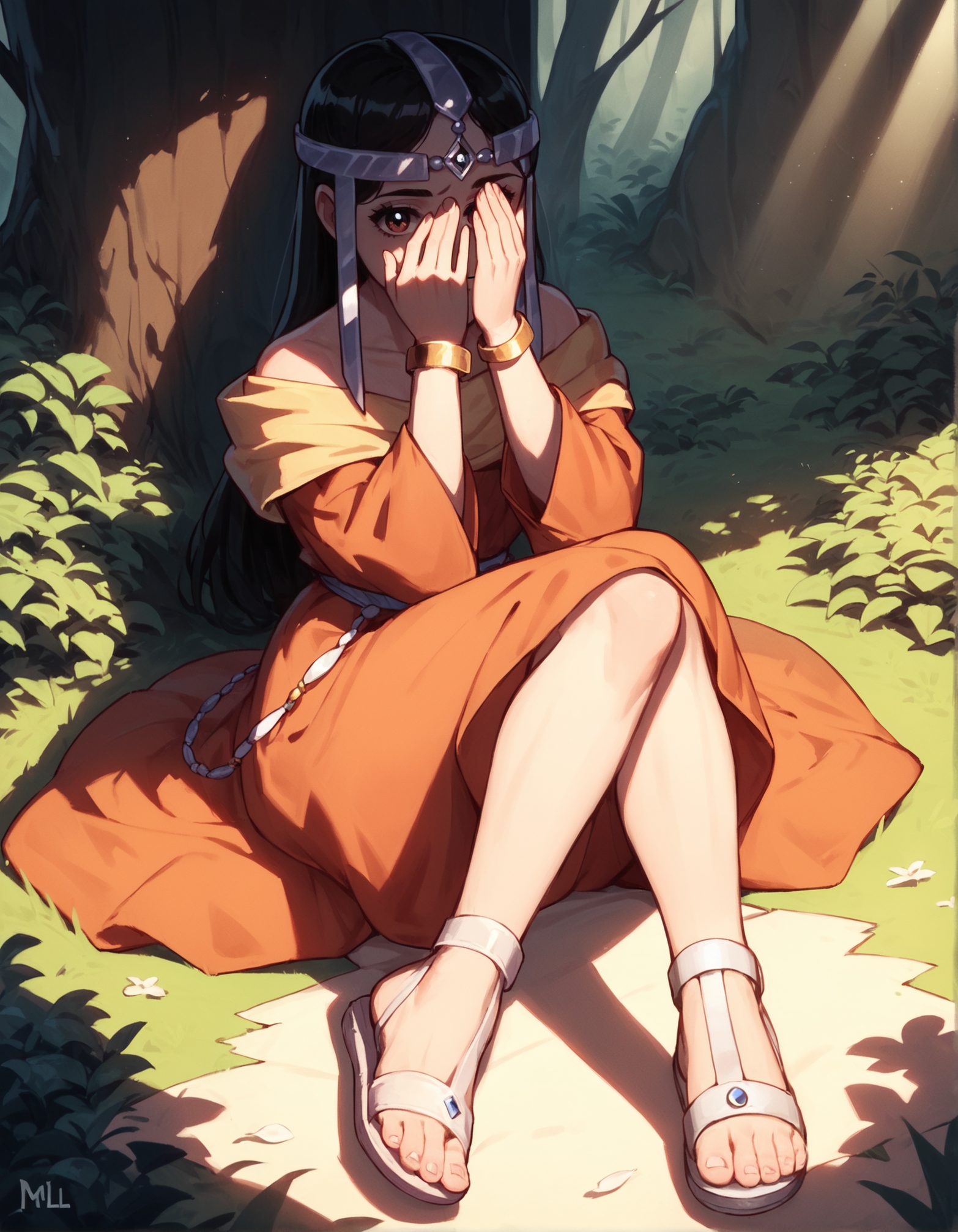 score_9, score_8_up, score_7_up,score_6_up,high resolution,mrl,1girl,solo,full body,in a forest,dress,circlet,sandals,volumetric lighting,rim lighting,dof,dramatic shadow,covering face,looking at viewer,sitting