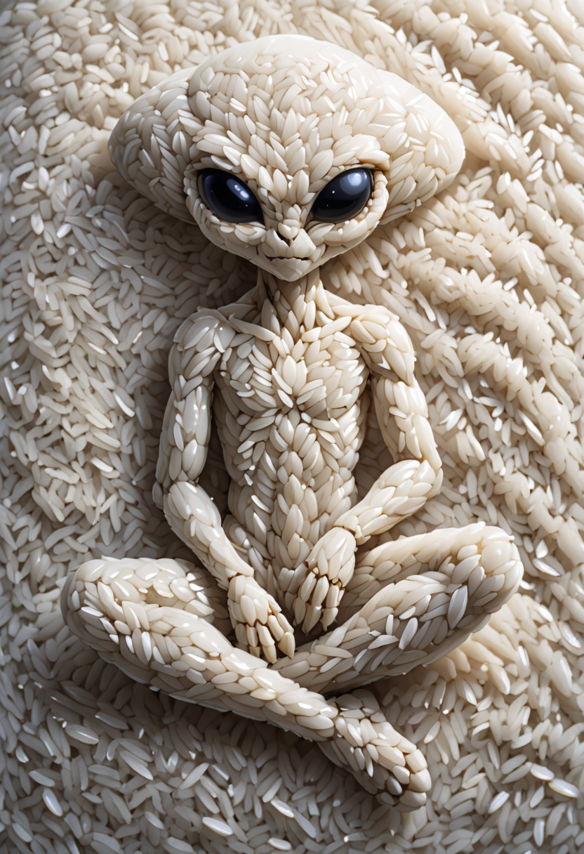 A sitting alien made out of rice grains. <lora:Rice_Grains_Morph:1>,