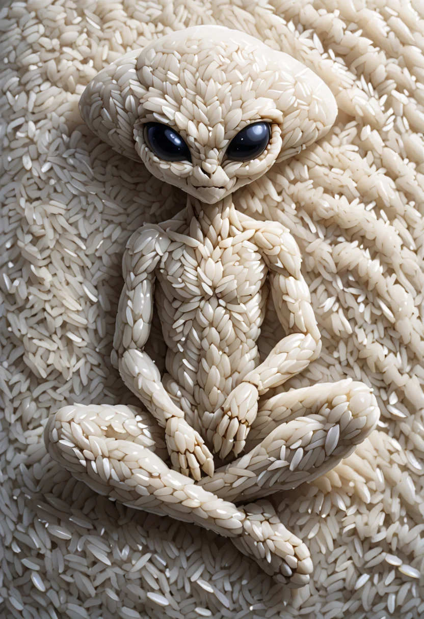 A sitting alien made out of rice grains. <lora:Rice_Grains_Morph:1>,