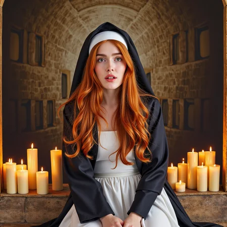 hyperrealistic art watercolor painting expressionist Inside an ancient cathedral, bathed in the glow of flickering candlelight, the redheaded goddess sitting on the cold stone altar, she's wearing a full nun costume  leaving nothing but temptation in its wake. Her fiery locks spill over the sacred ground as she gazes upward, looking at the viewer,  her lips parted in an expression of pure, sinful ecstasy. Itâs an image of contrastâholiness and eroticism intertwined, a vision of defiance in a place of restraint  <lora:jialissa64:0.9> jialis . raw, emotional, dynamic, distortion for emotional effect, vibrant, use of unusual colors, detailed . vibrant, beautiful, painterly, detailed, textural, artistic . extremely high-resolution details, photographic, realism pushed to extreme, fine texture, incredibly lifelike