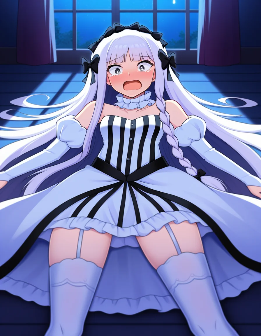 best quality, masterpiece, absurdres, detailed background, centered, centered, view, 1girl, inside, dark room, night, panic, open mouth
<lora:flatteningv3:0.9>, flattened, flattened_girl, paper_thin, wringer, on back, on ground
<lora:Francesca illu:0.8>, 1girl, ffrancesca, braid, hair bow, white hair, long hair, bare shoulders, dress, frills, detached sleeves, garter straps, white dress, black bow, striped clothes, blunt bangs, white thighhighs, gray eyes,