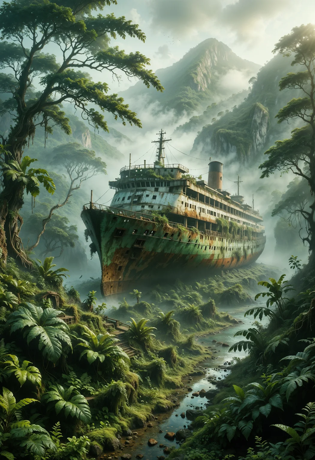 Photorealistic drone photo of a mountain slope covered in dense vegetation with a mist of humidity. Among the greenery, the outlines of a massive, aged, and rusty cruise liner are visible. The scene is epic and mysterious, reminiscent of the X-Files, with the overgrown jungle partially obscuring the ship. The atmosphere is eerie and captivating, with the mist adding a sense of intrigue and otherworldliness. The lush green foliage contrasts with the decaying, rusted structure of the cruise liner, creating a surreal and enigmatic visual.
<lora:add-detail-xl:0.35> <lora:MJ52:0.18> <lora:ral-anmwrlds-sdxl:0.3> ral-anmwrlds <lora:ral-porcelain:0.4> ral-porcelain <lora:ral-cltc:0.1> ral-cltc <lora:ral-dissolve:0.25> ral-dissolve <lora:zavy-mthcl-sdxl:0.2> <lora:SDXLFaeTastic2400:0.2> <lora:WildcardX-XL-Detail-Enhancer:0.5>
