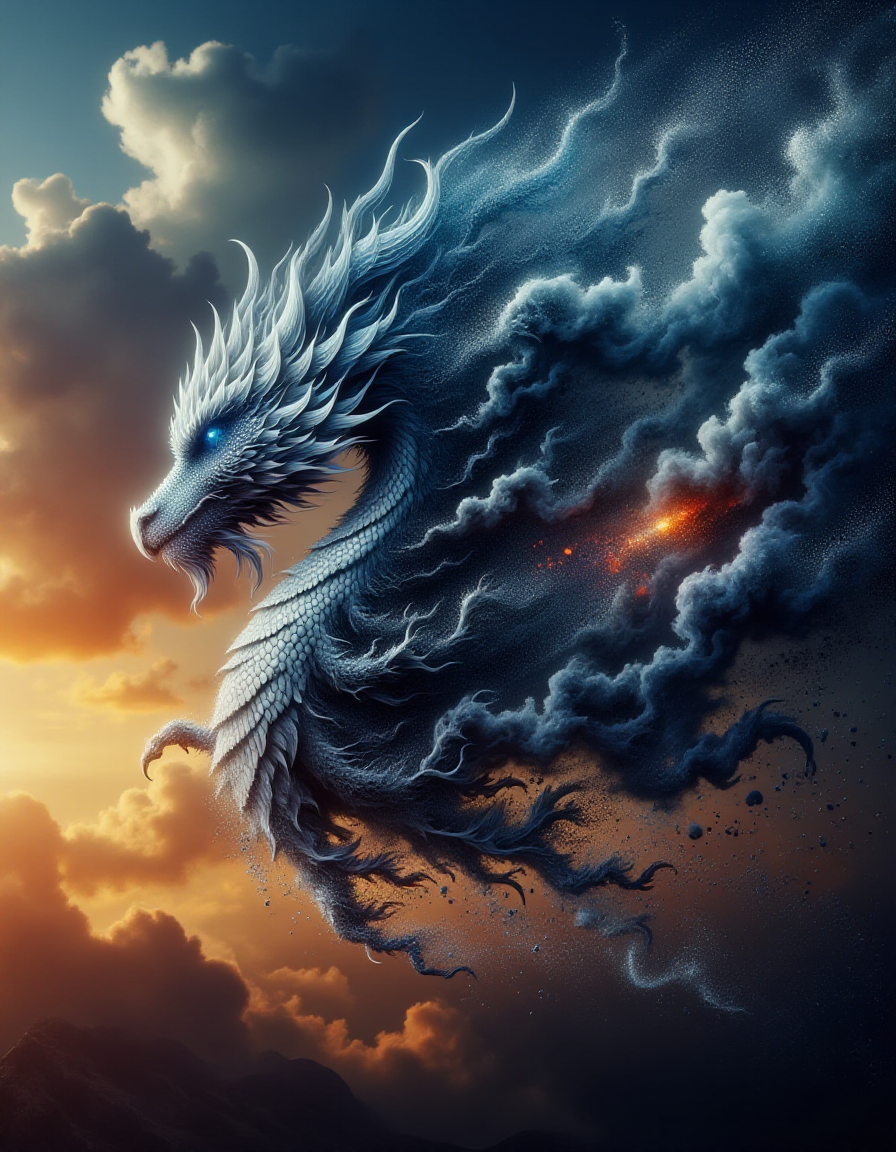 A close-up of a majestic dragon mid-flight, rendered in a ral-dissolve effect as the edges of its powerful wings disintegrate into swirling clouds of ash and glowing ember-like particles. The scales along its body transition into stormy tendrils of smoke, merging with the fiery glow of the volcanic sky behind it. The piercing blue eyes of the dragon remain vivid, contrasting sharply with the chaotic motion of its form dissolving into the surrounding atmosphere.
 <lora:ral-dissolve-flux_000005000:1>
