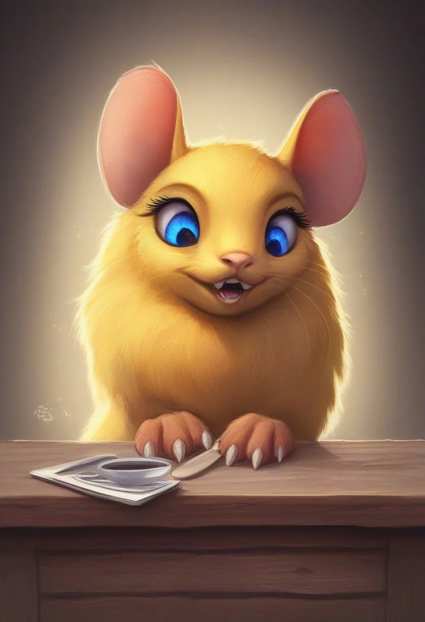 score_9, score_8_up, score_7_up, score_6_up, score_5_up, score_4_up,
flat color, in the style of Beatrix Potter,
A feral female mouse with fluffy fur and cheeks, depicted solo and looking irresistibly cute. She wears a short sleeveless red dress that is visible only on the upper part of her body, with yellow fur, yellow ears, and bright blue eyes. The illustration features cel-shading and backlighting with a warm color palette. The mouse is shown in a close-up upper body portrait with a head focus, displaying a content and happy expression while looking down. She is offering tea to the viewer and also gazing at them. The scene is set indoors in a cozy cottage with a (desk), ensuring only the upper body is prominently featured
backlit, (feral:1.2), (small eyes), (open mouth:0.8),