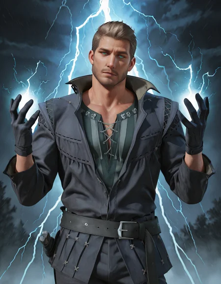 masterpiece, best quality, newest, detailed background, intricate details, male focus, realistic, solo, <lora:FFXVI - Cidolfus Telamon - Illustrious-000008:0.8>, cid_t, 1boy, mature male, green eyes, light brown hair, facial hair, jacket, shirt, belt, gloves, pants, storm, lightning, magic, electricity, holding magic, both hands up, looking at viewer, glowing blue eyes, upper body, contrapposto, head tilt