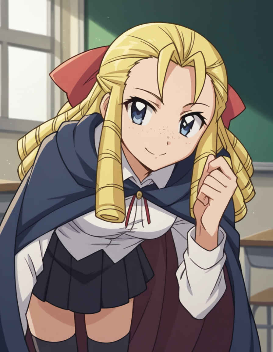 score_9, score_8_up, score_7_up, source_anime,
montmorencymargaritalaferedemontmorency, <lora:montmorency-margarita-la-fere-de-montmorency-s3-ponyxl-lora-nochekaiser_r2:1>,
montmorency margarita la fere de montmorency, long hair, blonde hair, bow, hair bow, drill hair, forehead, freckles, hair pulled back, ringlets,
skirt, thighhighs, long sleeves, collared shirt, white shirt, black skirt, cape,
indoors, classroom, bent over, smile,
looking at viewer, cowboy shot, solo, dutch angle