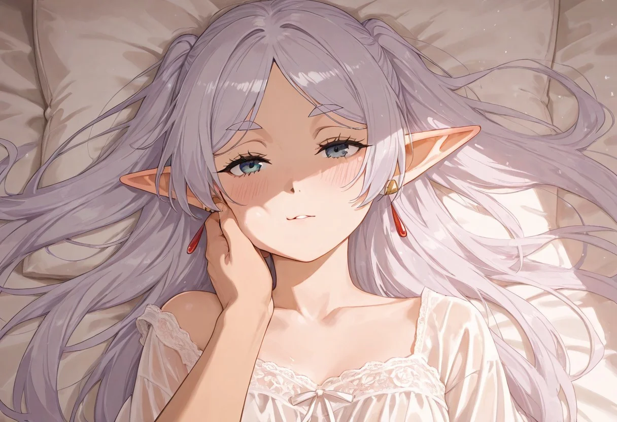 2girl, frieren, fern, sousou no frieren, beautiful elf girl, long silver hair, purple eyes, flushed cheeks, wearing a loose silk nightgown slipping off her shoulder, deep passionate gaze, lying on a large soft bed with white sheets, embracing a cute girl with short pink hair, blue eyes, also blushing, wearing a delicate lace nightdress, their bodies close together, fingers gently tracing each other's skin, dim candlelight casting a warm glow, slightly messy bed, soft shadows, warm and intimate atmosphere, cinematic, highly detailed, masterpiece, 8K