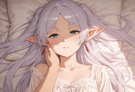 2girl, frieren, fern, sousou no frieren, beautiful elf girl, long silver hair, purple eyes, flushed cheeks, wearing a loose silk nightgown slipping off her shoulder, deep passionate gaze, lying on a large soft bed with white sheets, embracing a cute girl with short pink hair, blue eyes, also blushing, wearing a delicate lace nightdress, their bodies close together, fingers gently tracing each other's skin, dim candlelight casting a warm glow, slightly messy bed, soft shadows, warm and intimate atmosphere, cinematic, highly detailed, masterpiece, 8K
