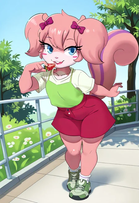 masterpiece, best quality, very aesthetic, absurdres,
outdoors, casual,
full body, posing, dynamic pose, dynamic_angle, close up, holding a strawberry, licking strawberry, seductive, kind eyes,
seductive smile, parted lips, long eyelashes,
<lora:Twiggy_v01_NAIXL:1>
Tw166y,1girl,solo,furry,furry female,squirrel girl,pink hair,squirrel ears,short hair,twintails,hair bow,blue eyes,blush stickers,animal nose,buck teeth,body fur,pink fur,squirrel tail,