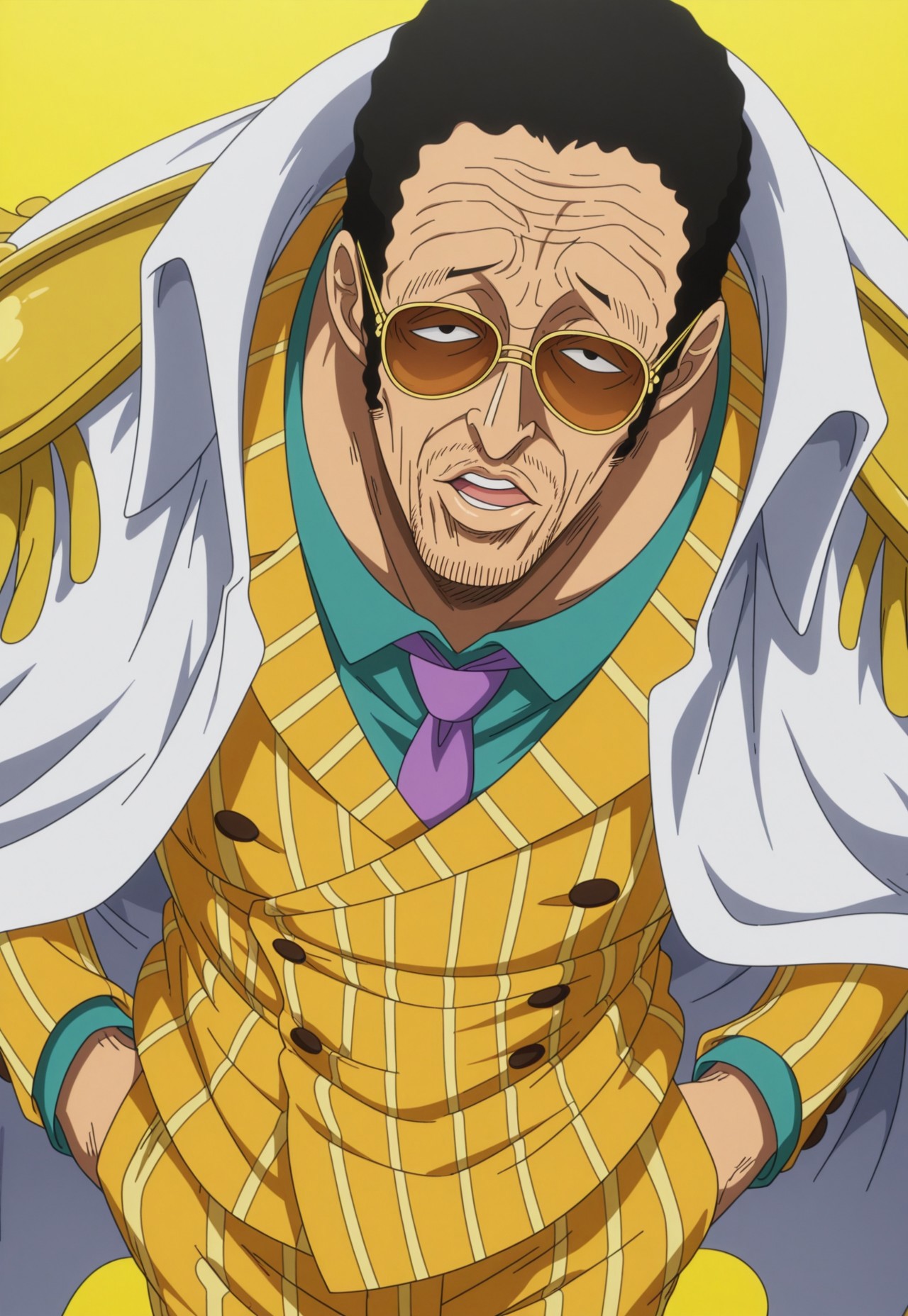 anime, one piece, hirohiko araki style, one piece style, anime screencap, masterpiece, best quality, detailed background, 8k, 1boy, man, solo, kizaru, black hair, very short hair, wavy hair, smooth hair, black eyes, slanted eyes, facial hair, stubble, goatee, sunglasses, wrinkles, lip outlines, detailed face, teal shirt, light purple tie, yellow pinstripe suit, white off-shoulder coat, epaulettes, yellow pants, lazy, parted lips. open mouth. hands in pockets, tall, half body, face focus, turning to viewer, looking at viewer, dynamic pose, simple background, yellow background