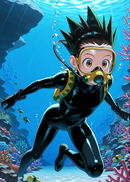 masterpiece, best quality, absurdres, amazing quality, 1boy, solo, male focus, <lora:IlluGon-000010:1> illugon, black hair, green hair, spiked hair, brown eyes, black diving suit, underwater, rock, coral reef, diving mask, black gloves, (bodysuit:1.5), swimming,