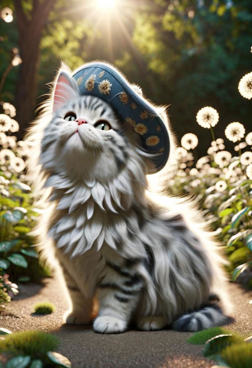 ral-fluff,<lora:ral-fluff:1>,
chibi,masterpiece,best quality,original,official art,silver metallic maincoon cat,hat,flower,blurred background,rendering,beautiful detailed glow,(detailed ice),beautiful detailed sun,sunny, blurred flower, happy