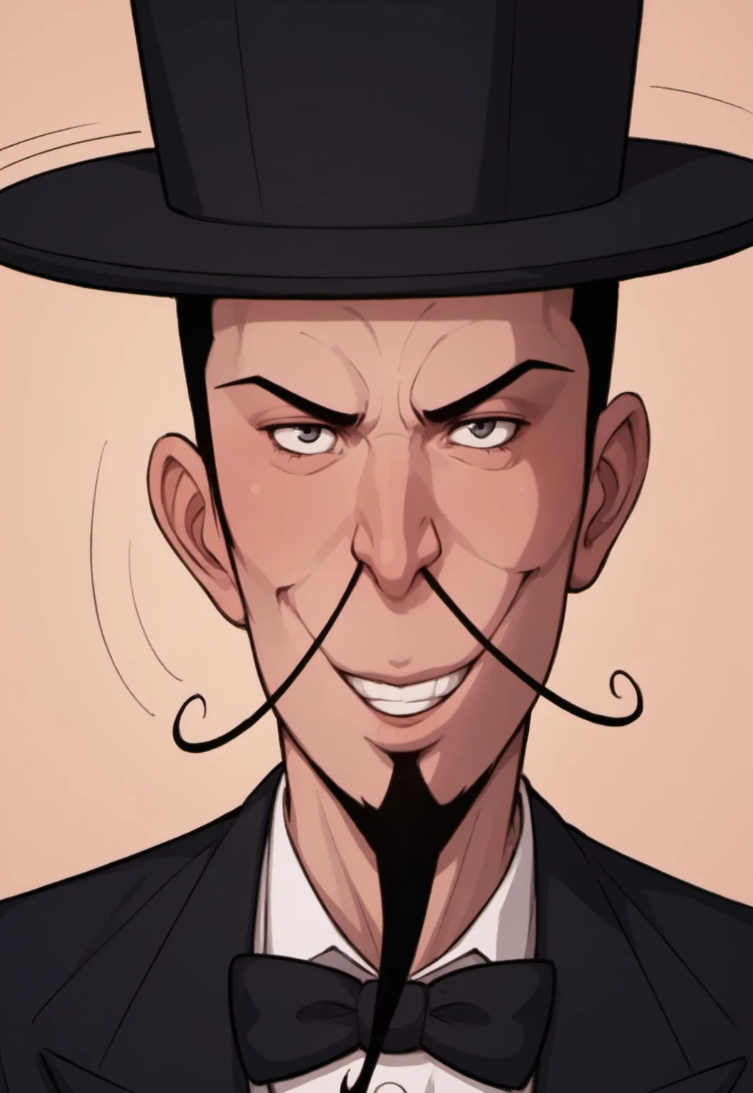 safe_pos, score_9, score_8_up, score_7_up, source_anime, rating_nsfw, ultra hd, absurdres, solo, masterpiece, best quality, best aesthetic, Expressiveh, wolfconf, burankoprn!, 1boy
JabMordrid, top hat, mustache, facial hair, black hair, bowtie, formal, portrait, headshot, looking at viewer