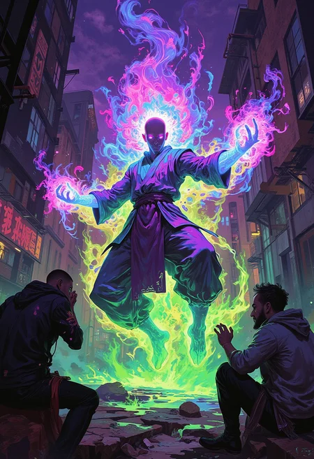 Off-center composition, dynamic portrait of the most powerful mystic martial arts warrior monk in a fighting stance with his arms out wide and one foot kicking, he is floating 5 feet above the ground, he has an extremely bright glowing multi-colored magical aura anime_glow full of chi power, his eyes are shining bright blue, he is surrounded by thugs that are blinded by his aura looking away and covering their eyes, fantasy world, Stunning visuals, Texture, beautiful face features, photorealistic, photorealism, beautiful image, cinematic, trending on artstation, beautiful lighting, sharp focus, very stylish, chiaroscuro, highly detailed, high definition, hyperrealistic, illustration, pscho_4rt, surreal, abstract, glitch, anime_glow, purple_glow, red_glow, green_glow, blue_glow