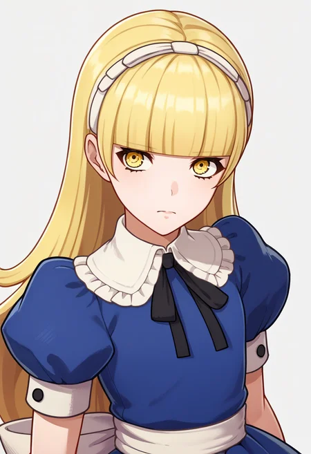 score_9, score_8_up, score_7_up, source_anime BREAK 1girl, solo,
<lora:zs_EngagePortraitsXL:1> engageportraits, portrait, white background
<lora:zs_AliceXL:1> alicesmt, dress, long hair, blonde hair, hairband, blunt bangs, puffy sleeves, blue dress, yellow eyes,
