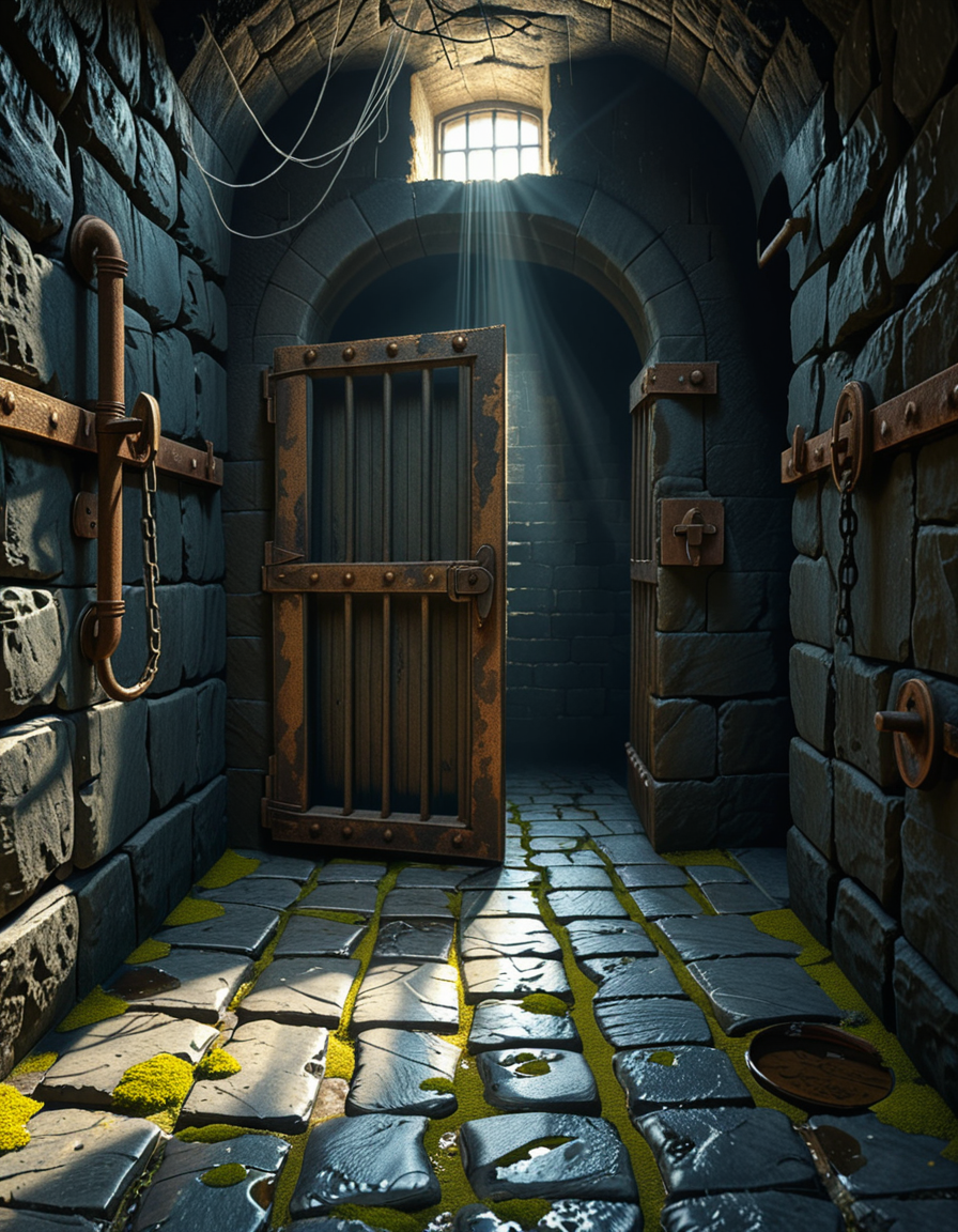 A highly detailed, hyper-realistic photograph of a dark medieval dungeon prison cell. The scene is dimly lit by a single flickering torch mounted on a damp stone wall, casting eerie shadows across the rough, moss-covered stones. Heavy, rusted iron bars form the cell door, slightly ajar, with visible corrosion and ancient padlocks. Inside the cell, there is a straw-covered floor, old wooden buckets, and a crude, splintered wooden bench against the back wall. Chains and manacles hang loosely from the walls, showing signs of long-term use. The atmosphere is cold, humid, and oppressive, with faint light rays piercing through tiny cracks in the stone ceiling. Cobwebs stretch across the corners of the cell, and faint water drips from above, creating small puddles. The overall mood is grim, desolate, and foreboding. Photorealistic style, with high dynamic range (HDR) lighting and extreme attention to textures like rust, moisture, and decay.
<lora:SDXLFaeTastic2400:0.4> <lora:extremely_detailed:0.4> extremely detailed,<lora:medieval_dungeon_pr1s0n_c3ll:1>,medieval dungeon pr1s0n c3ll, Masterpiece,best quality,hi res,8k,hi res,8k,award winning,(sharp focus, intricate, highly detailed),