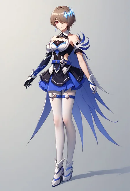 score_9, score_8_up, score_7_up, source_anime, good anatomy, 1girl, solo, RitaRossweisse, brown hair, short hair, hair over one eye, red eye, hair ornament, belt, blue belt, breastplate, white breastplate, center opening, clothing cutout, side cutout, strapless, strapless shirt, detached collar, black and blue shirt, layered skirt, black and blue skirt, miniskirt, asymetrical gloves, white and blue gloves, thigh band, arm bands, asymetrical silver and blue footwear, white pantyhose, wing cape, standing, full body, smirk