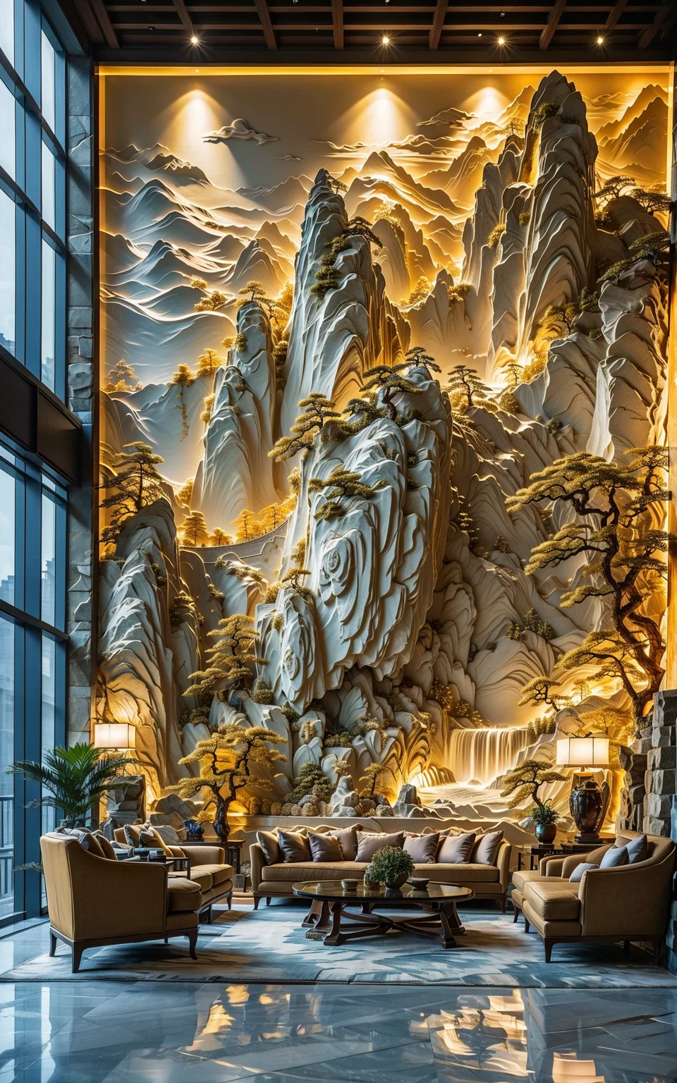 Scandinavian style living room with a cozy sofa and tropical plant decorations,floor lamps casting warm light illuminating the space. A stunning relief wall painting on the living room backdrop depicting rolling mountains bathed in yellow lighting,creating a dreamy forest ambiance. Flowing rivers,ethereal clouds,and vast skies compose the main elements of the mural. This artwork showcases detailed structures and smooth curves,rendered in high resolution for ultimate detail,hyper-realistic,8K ultra-high quality. The entire piece exudes surrealism,representing the pinnacle of quality craftsmanship with volumetric lighting effects that are breathtaking.,