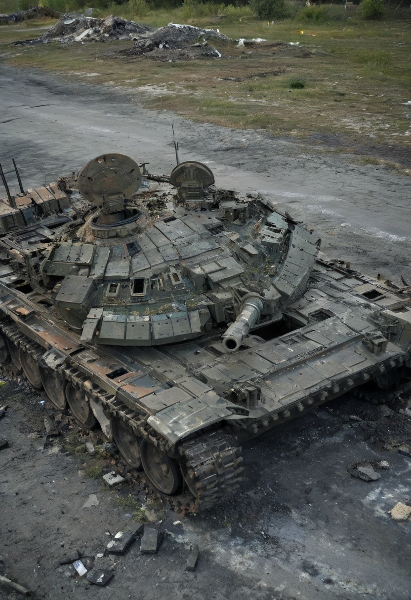 (medium full shot) of (high-tech light digital-camo tank) with modular armor, hybrid, additional armor plating, reactive armor blocks, set in  a recently fought-over area, with craters and debris, the tank moving through the aftermath, during a dusk operation, ,Masterpiece,best quality, photo, realistic, very aesthetic
