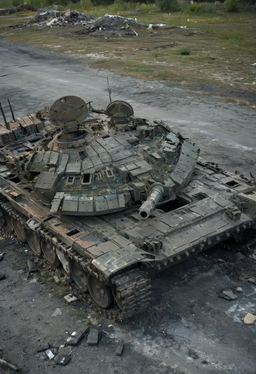 (medium full shot) of (high-tech light digital-camo tank) with modular armor, hybrid, additional armor plating, reactive armor blocks, set in a recently fought-over area, with craters and debris, the tank moving through the aftermath, during a dusk operation, ,Masterpiece,best quality, photo, realistic, very aesthetic