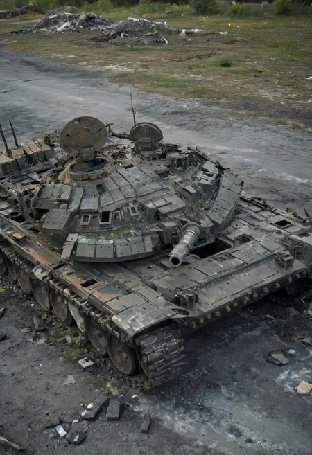 (medium full shot) of (high-tech light digital-camo tank) with modular armor, hybrid, additional armor plating, reactive armor blocks, set in a recently fought-over area, with craters and debris, the tank moving through the aftermath, during a dusk operation, ,Masterpiece,best quality, photo, realistic, very aesthetic