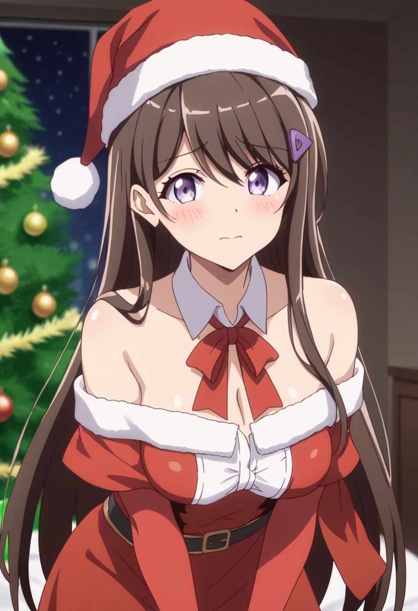score_9, score_8_up, score_7_up, source_anime, classrep, long_hair, brown_hair, purple eyes, hair_ornament, hairclip, medium breast, shiny skin, santa outfit, bare shoulders, cleavage, elbow gloves, christmas, gift, blushing, embarrassed, sexy pose, perfect anatomy
