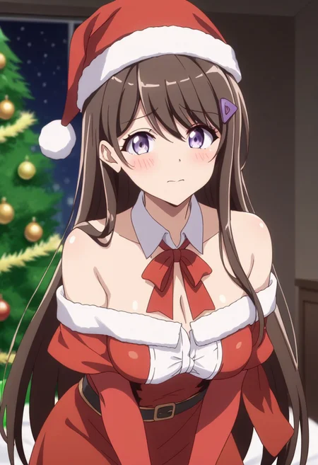 score_9, score_8_up, score_7_up, source_anime, classrep, long_hair, brown_hair, purple eyes, hair_ornament, hairclip, medium breast, shiny skin, santa outfit, bare shoulders, cleavage, elbow gloves, christmas, gift, blushing, embarrassed, sexy pose, perfect anatomy