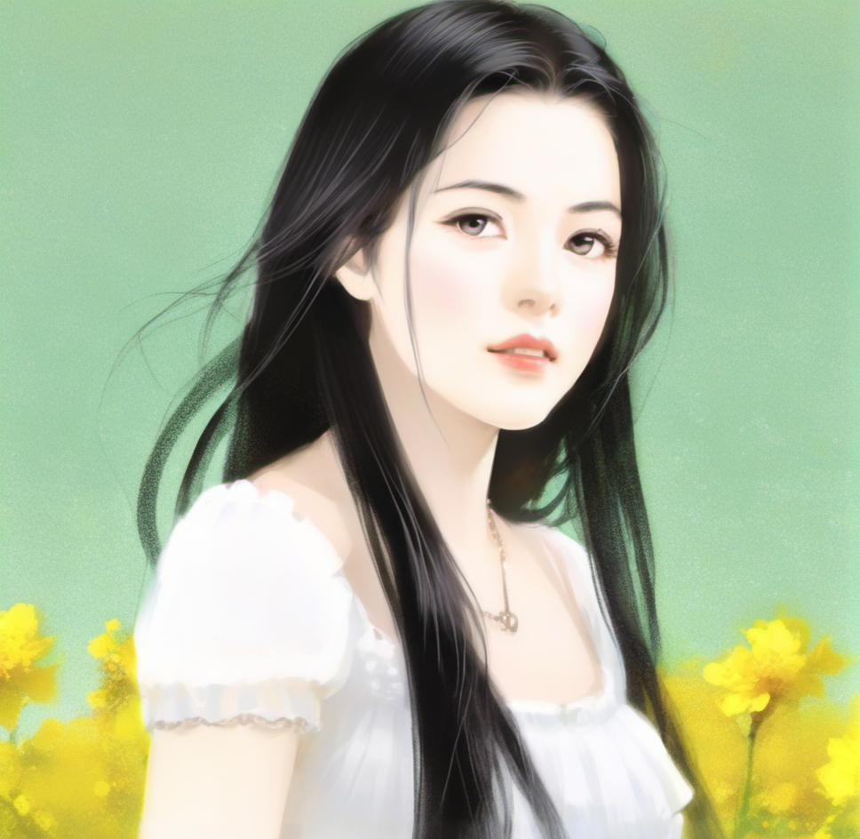 The image shows a woman with long black hair wearing a white dress standing in a field of yellow flowers against a green background. <lora:å°è¯´ç«ç»-000009:0.8>,