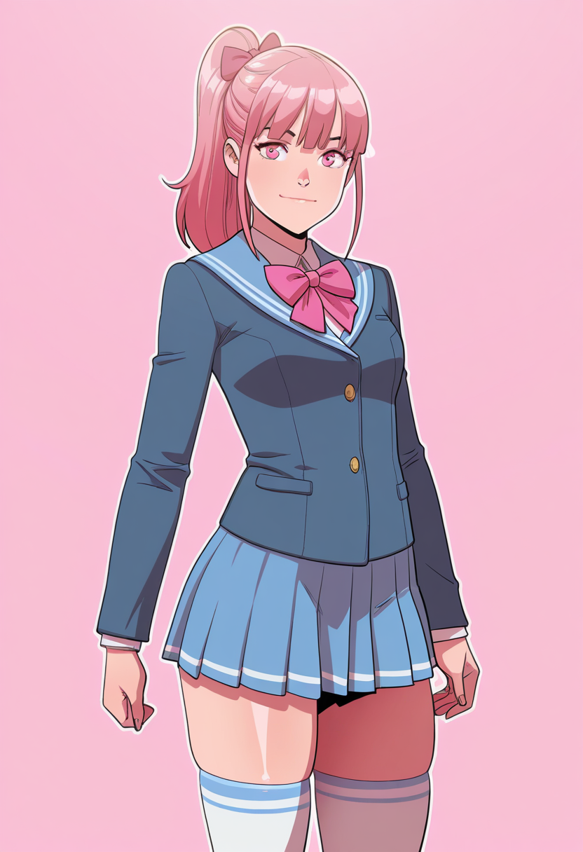 masterpiece, best quality,
 <lora:Tekuho_Style:1> T3kuh0, 1girl, solo,standing,looking at viewer, happy, closed mouth,pink hair, ponytail, pink eyes,school uniform, bow, long sleeves, skirt, skindentation, thighhighs,