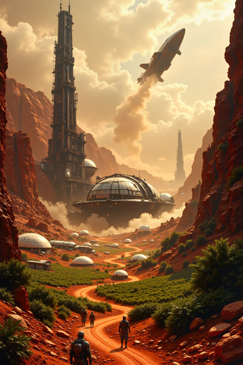 A breathtaking view of a newly colonized alien planet, where towering greenhouses and sleek biodomes stand in stark contrast to the rugged, red-tinged landscape. Scientists in advanced exosuits monitor vast fields of genetically engineered crops, while colossal terraforming machines release clouds of breathable air into the thin atmosphere. In the distance, a massive spaceship, half-buried in the soil, serves as the colonyâs central hub, its lights flickering as humanity takes its first steps toward building a new world.<lora:FluxMythR3alisticF><lora:PCB_Image_Enhancer_for_FLUX:0.35>