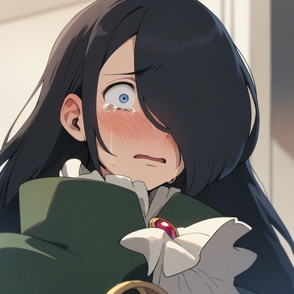 masterpiece, best quality, aesthetic, high quality, solo, 1boy, male focus, long hair, black hair,  blue eyes, hair over one eye, brooch, white ascot, green cape, wide-eyed, blush, parted lips, tears