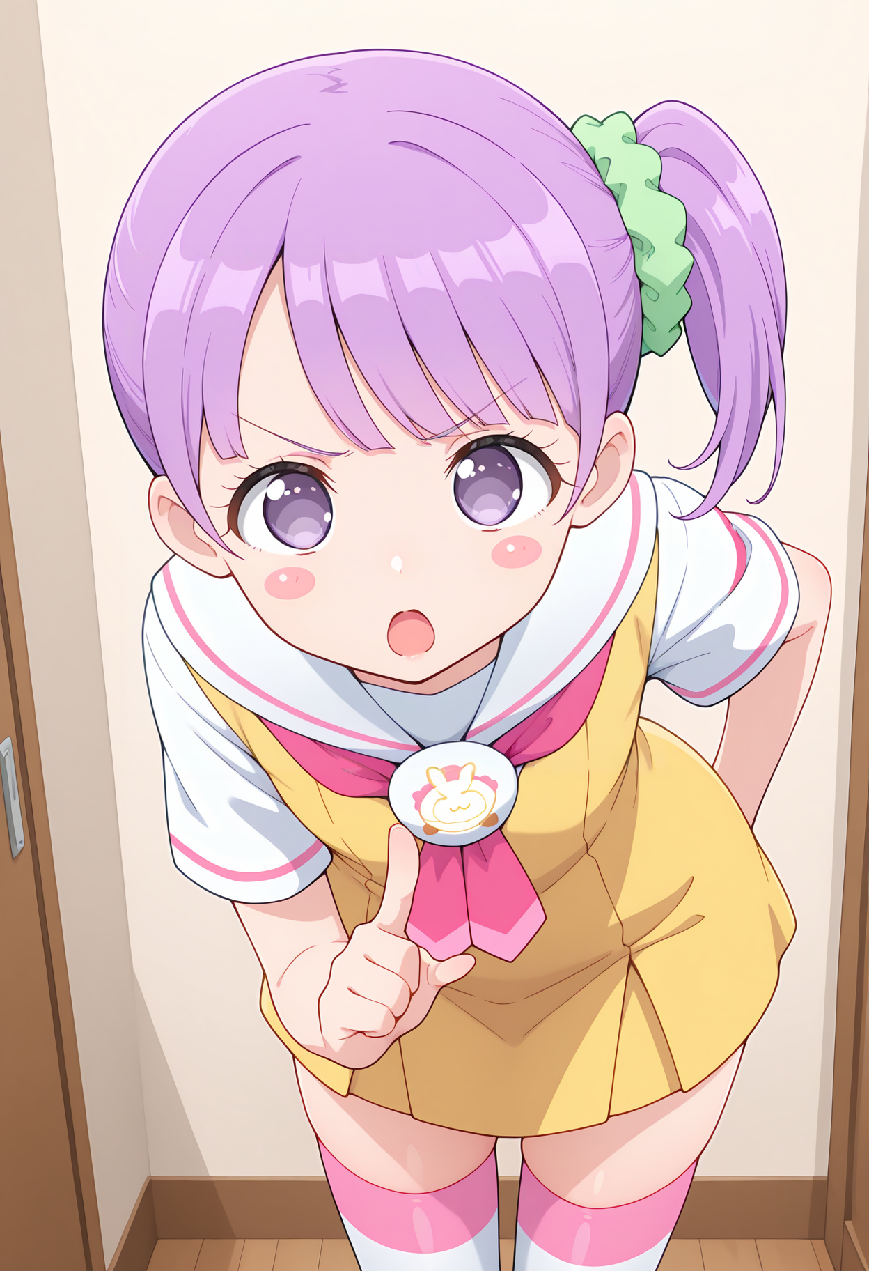 highres, best quality, masterpiece, indoors,
1girl, solo, prpprnon, purple hair, side ponytail, purple eyes, hair scrunchie, blush stickers, 
school uniform, yellow dress, white sailor collar, short sleeves, white sleeves, white thighhighs, striped thighhighs,
looking at viewer, blush, open mouth, serious,
leaning forward, pointing, 
<lora:_non_manaka-elesico-ilxl-13:1>