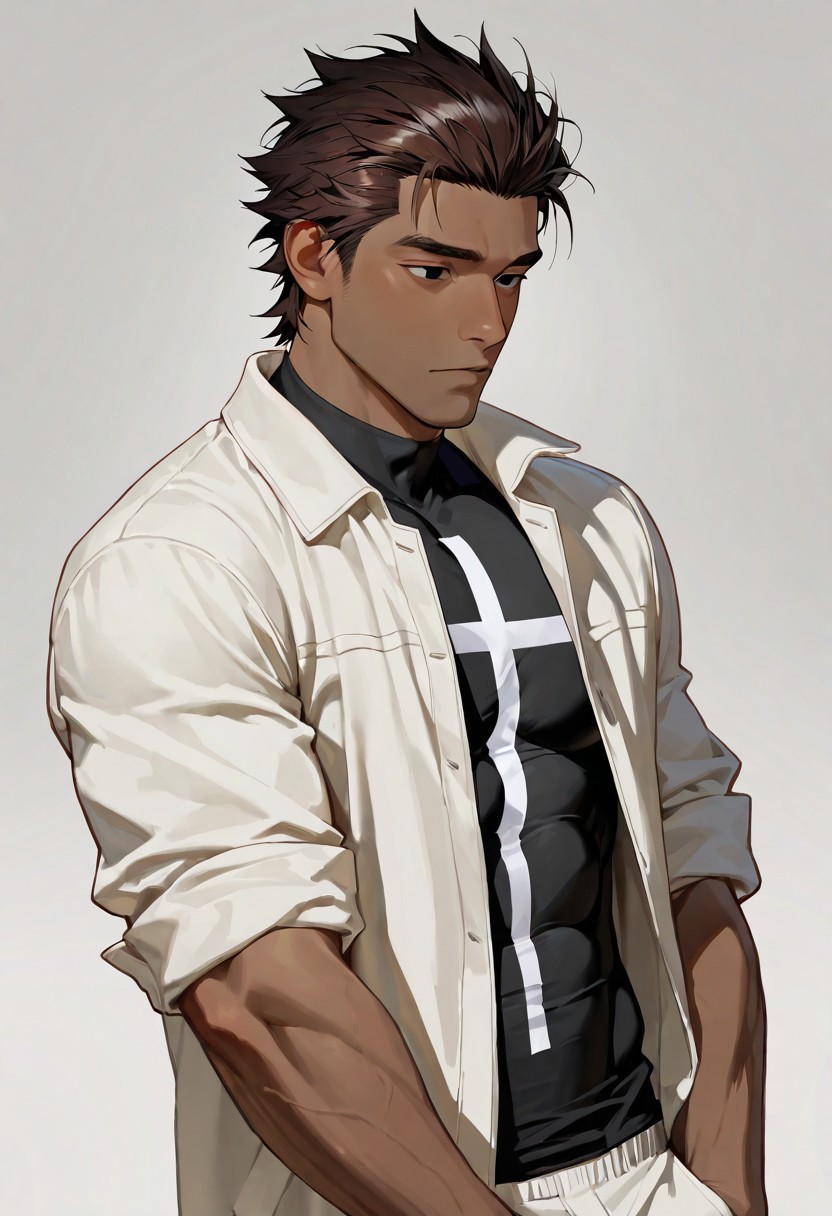 very awa, masterpiece, best quality, absurdres, newest, perfect quality, intricate details, realistic,
solo, male focus,
brown hair, slicked back hair, spiky hair
brown skin, toned body, lithe body, wide shoulders, 
black eyes, 
(black undershirt with solid white cross print), (huge white cross print),
(plain white polo jacket), (rolled up sleeves), open jacket,
embarassed,
plain white background, dynamic lighting, standing, dynamic angles, head to shoulder portrait,