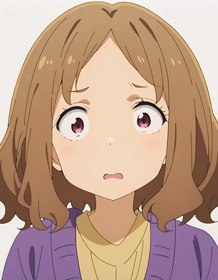 masterpiece, best quality,high quality, very aesthetic, absurdres, 1girl, amanatsu sensei, brown hair, purple eyes, short hair, parted bangs, purple cardigan, yellow shirt, long sleeves, purple skirt, purple pantyhose, <lora:amanatsu_sensei_animagineXLV31_Lion_:0.9>, white background, simple background, face focus, close-up, wide-eyed, suprise,