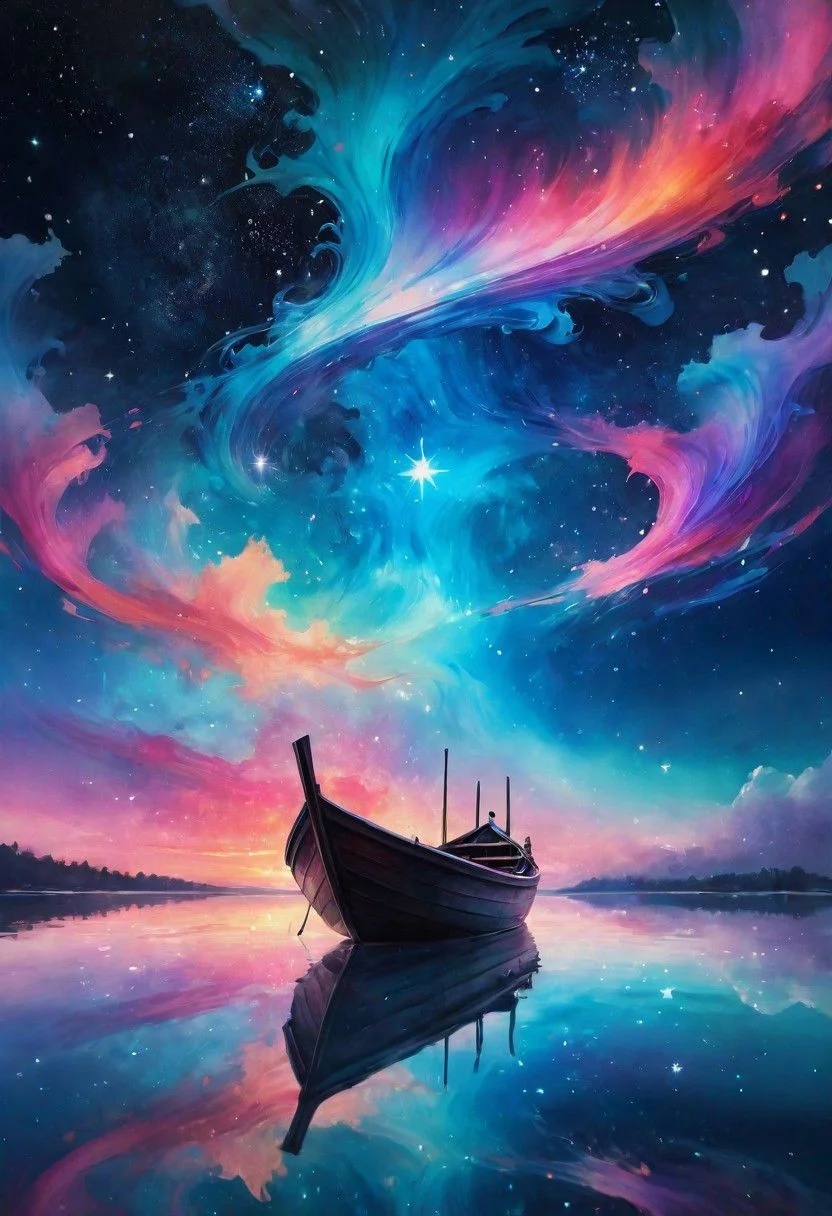 amazing watercolor painting award winning, ((a boat floating on top of a body of water under a sky filled with stars, trending on cgsociety, fantasy art, colorful sunset, stars are hidden in the eyes, fantasy. gondola boat, gazing off into the horizon, stars and paisley filled sky, sunny rainbow galaxy stormy sea, wanderer, starry sky 8 k)), photo is taken with a Canon EOS R5 and a Canon RF 100-500mm f/4.5-7.1L IS USM lens, ultra high quality, ultra high detailed ,Stained Glass, snowflake textured Glas, colored glass pieces, product scene, translucent, transparent, glass orb, black haze, blue haze, red haze, paths, patched planet, stars, saturn planet, snow, earth planet ,Surreal Harmony, yamer style, SLPASHTER_3-7000, Gorgeous splash of vibrant paint, paintmgc, colorful paint, Colorsplash