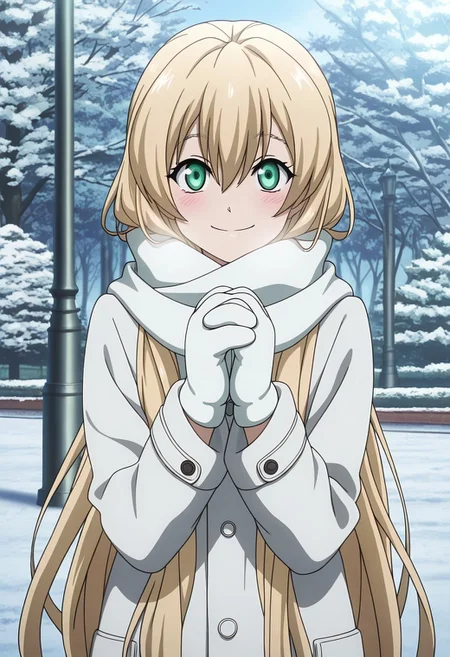 masterpiece,perfect quality,best quality,absolutely eye-catching,absurdres,highres,newest,anime coloring, anime screencap,(1girl,solo),White_KKS, very long hair, blonde hair, green eyes, folded hair, smile, blush, mittens, winter coat, scarf, hands clasped, looking at viewer, snow, park, outdoors, sunny