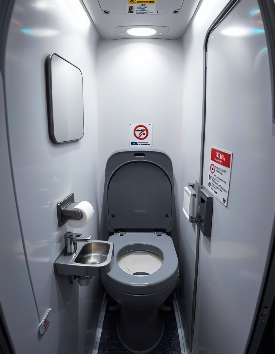 A highly detailed and realistic photograph of an airplane lavatory. The small, compact space features light gray plastic walls with subtle texture, a stainless-steel sink with a motion-sensor faucet, and a mirror reflecting the narrow interior. The toilet is sleek, with a closed lid and a small instruction sticker on top. A soft, dim overhead light illuminates the space, creating a sterile yet functional atmosphere. On the side, a dispenser for paper towels and a built-in trash compartment are visible. The door has a small lock mechanism and an 'Occupied' sign. The floor is dark, non-slip material, and there are small signs with safety instructions in multiple languages. The perspective is slightly wide-angle, capturing the entire space from a slightly tilted angle, emphasizing the compact design. 
<lora:SDXLFaeTastic2400:0.4> <lora:extremely_detailed:0.4> extremely detailed,<lora:airplane_l4v4t0ry:1>,airplane l4v4t0ry, Masterpiece,best quality,hi res,8k,hi res,8k,award winning,(sharp focus, intricate, highly detailed),